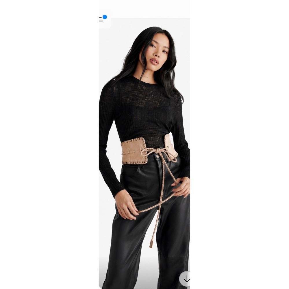 Free People Selena Tan Leather Whipstitch Corset Waist Belt Braided Tie Small
